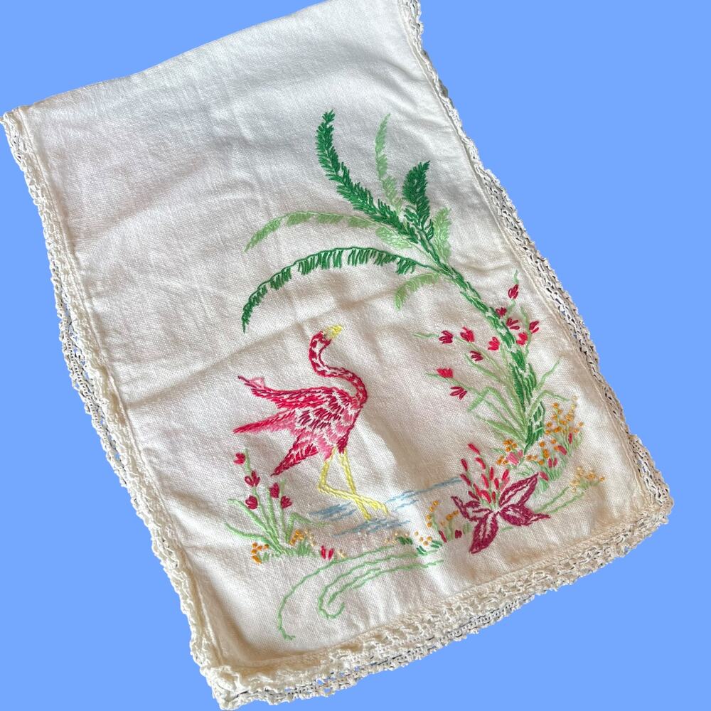 Vintage Hand Embroidered Flamingo Linen Towel Lace Edge Cottage Decor